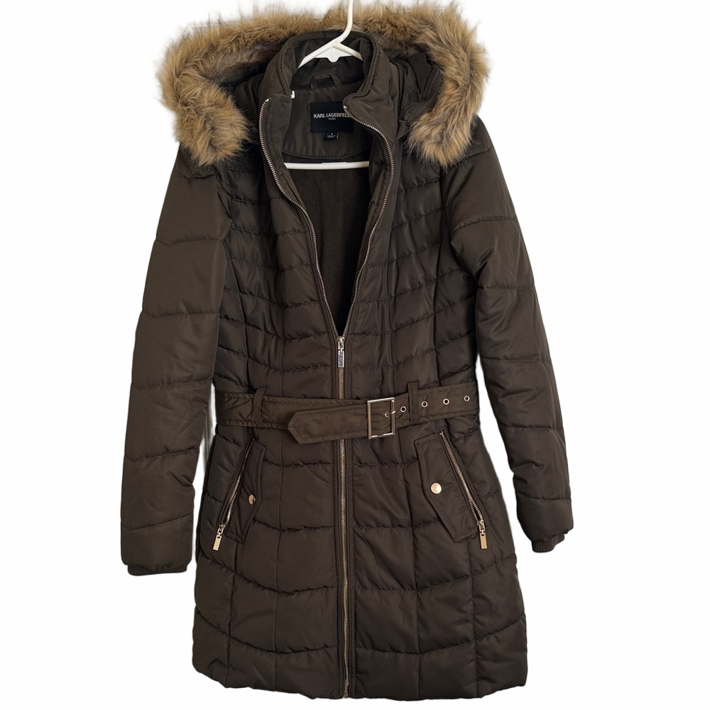 NWOT Karl Lagerfeld Women's Brown Puffer Coat with removable Faux Fur Hood Sz SM